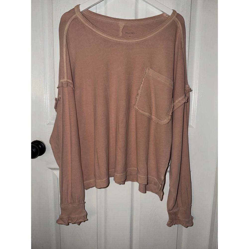 NEW PILCRO Anthropologie Apres Mauve Pink Boxy Ruffle‎ Cotton Tee Boho Size XL